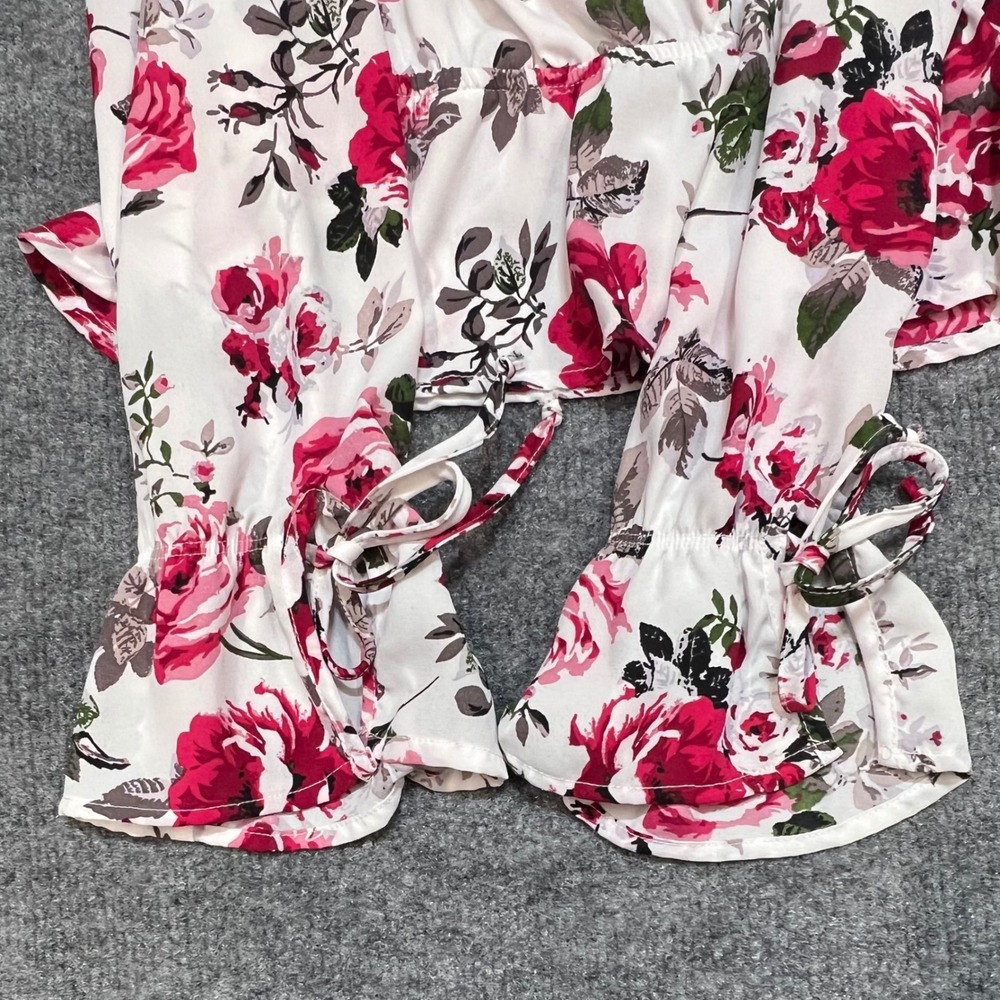 Ambiance Peplum Blouse Womens Large White Pink Floral Surplice Ruffle Cuff Top - Picture 9 of 9